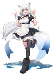 Rule 34 | 1girl, :d, ahoge, alternate costume, animal ears, apron, back bow, black thighhighs, blue eyes, blush, bow, breasts, earrings, enmaided, fox ears, fox girl, fox tail, full body, highres, hololive, hoop earrings, jewelry, long hair, looking at viewer, maid, medium breasts, mikan (chipstar182), open mouth, shirakami fubuki, simple background, single earring, single thighhigh, smile, solo, standing, standing on one leg, tail, thigh strap, thighhighs, very long hair, virtual youtuber, waist apron, white background, white hair, wrist cuffs