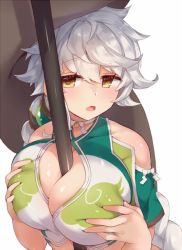 Rule 34 | 10s, 1girl, asymmetrical hair, bad id, bad twitter id, bare shoulders, between breasts, braid, breasts, breasts squeezed together, cloud print, crop top, deep skin, flight deck, hair between eyes, hair ornament, jitome, kantai collection, large breasts, long hair, looking at viewer, midriff, open mouth, pokoten (pokoten718), simple background, single braid, solo, staff, unryuu (kancolle), upper body, very long hair, yellow eyes