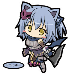Rule 34 | 1girl, animal ears, bad id, bad pixiv id, blue gloves, blue hair, blue ribbon, blue scarf, boots, breasts, cat ears, character request, chibi, cross-laced footwear, emil chronicle online, fishnet thighhighs, fishnets, full body, gloves, grey footwear, grey sweater, hair between eyes, hair ribbon, holding, knee boots, lace-up boots, lowres, medium breasts, ninja, one side up, ri-net, ribbed sweater, ribbon, scarf, simple background, sleeveless, solo, standing, standing on one leg, sweater, thighhighs, translated, white background, yellow eyes