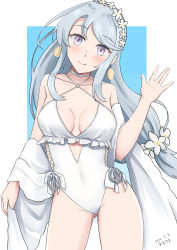 Rule 34 | 1girl, absurdres, asymmetrical bangs, blue background, blush, breasts, choker, covered navel, dated, earrings, flower, frilled swimsuit, frills, gluteal fold, grey hair, hair flower, hair ornament, hairband, hamukiyo, highres, jewelry, kantai collection, long hair, medium breasts, official alternate costume, one-piece swimsuit, purple eyes, sagiri (kancolle), salute, shawl, signature, solo, swept bangs, swimsuit, white background, white choker, white one-piece swimsuit
