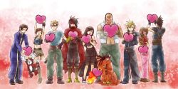 Rule 34 | 00s, 1990s (style), 3girls, 6+boys, aerith gainsborough, arms up, barret wallace, boots, cait sith (ff7), cid highwind, cloak, cloud strife, everyone, final fantasy, final fantasy vii, final fantasy vii advent children, happy, heart, highres, long hair, midriff, multiple boys, multiple girls, navel, open mouth, red xiii, reeve tuesti, short hair, square enix, tifa lockhart, vincent valentine, yuffie kisaragi, zack fair