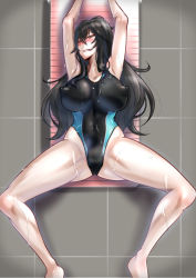 Rule 34 | 1girl, andou you, armpits, arms up, ass, bare arms, bare legs, black hair, blush, breasts, breasts apart, cameltoe, competition swimsuit, covered erect nipples, covered navel, floor, from above, gluteal fold, groin, half-closed eyes, large breasts, legs, long hair, lying, one-piece swimsuit, original, pink eyes, solo, spread legs, sweat, swimsuit, thighs, two-tone swimsuit