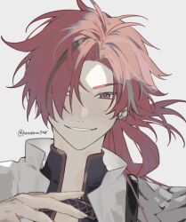 Rule 34 | 1boy, bishounen, coat, ear piercing, fate/grand order, fate (series), fingernails, grin, hair over one eye, long hair, looking at viewer, male focus, piercing, ponytail, portrait, red hair, romo827, simple background, smile, solo, takasugi shinsaku (fate), twitter username, white background, white coat