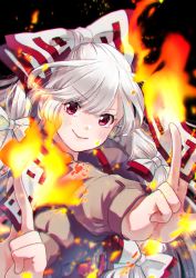 Rule 34 | 1girl, bow, brown shirt, buttons, closed mouth, collared shirt, commentary request, fire, fujiwara no mokou, hair bow, highres, long hair, long sleeves, mokoiscat, pants, red eyes, red pants, shirt, sleeve garter, solo, suspenders, touhou, very long hair, white hair, white shirt