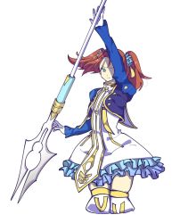 Rule 34 | 1girl, aqua eyes, boots, breasts, dress, eleanor hume, frills, gloves, hair ornament, jacket, long hair, red hair, spear, tales of (series), tales of berseria, thigh boots, thighhighs, twintails, weapon