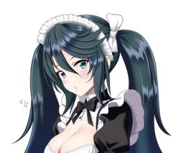 Rule 34 | 1girl, aqua eyes, aqua hair, black bow, black bowtie, black sleeves, bow, bowtie, breasts, cleavage, collar, expressionless, frills, hair between eyes, hair bow, isuzu (kancolle), kantai collection, large breasts, light blush, long hair, looking at viewer, maid, maid headdress, parted lips, puffy sleeves, simple background, solo, swept bangs, teeth, tk8d32, twintails, upper body, white background, white bow, white collar