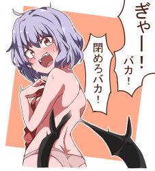 Rule 34 | 1girl, bat wings, blush, commentary request, embarrassed, fang, from behind, gokuu (acoloredpencil), hand on own chest, highres, holding, holding clothes, looking at viewer, looking back, open mouth, orange background, panties, purple hair, red eyes, remilia scarlet, short hair, simple background, slit pupils, solo, sweatdrop, topless, touhou, translated, underwear, underwear only, undressing, wings