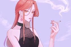 Rule 34 | 1girl, blue background, cigarette, docaster, earrings, highres, holding, holding cigarette, jewelry, looking at viewer, nail polish, orange hair, original, red lips, sleeveless, smoking, solo, yellow eyes
