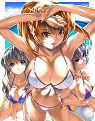 Rule 34 | 3girls, armpits, arms up, ayane (doa), ball, bare shoulders, beach, bikini, blue bikini, blue eyes, breasts, brown eyes, brown hair, cleavage, covered erect nipples, criss-cross halter, curvy, dead or alive, female focus, foreshortening, grey hair, halterneck, hitomi (doa), holding, holding ball, huge breasts, kasumi (doa), large breasts, long hair, looking at viewer, multiple girls, o-ring, o-ring top, orange eyes, parted lips, perspective, ponytail, purple bikini, purple hair, red eyes, saburou (hgmg), shiny skin, short hair, side-tie bikini bottom, sideboob, smile, swimsuit, tecmo, volleyball (object), white bikini