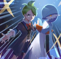 Rule 34 | 1boy, alternate color, black shorts, bow, bowtie, buttons, closed mouth, commentary request, creatures (company), game freak, gardevoir, gen 3 pokemon, green hair, grey eyes, highres, holding hands, male focus, mocacoffee 1001, nintendo, official alternate costume, orange bow, orange bowtie, pokemon, pokemon (creature), pokemon masters ex, shiny pokemon, short hair, shorts, signature, smile, sparkle, wally (pokemon), wally (sygna suit) (pokemon)