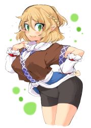 Rule 34 | 1girl, bent over, bike shorts, blonde hair, blush, braid, breasts, covered erect nipples, earrings, eyebrows, flying sweatdrops, green eyes, hand on own hip, iroyopon, japanese clothes, jewelry, large breasts, mizuhashi parsee, pointy ears, scarf, short hair, solo, thick eyebrows, touhou