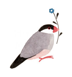 Rule 34 | animal, animal focus, artist name, beak hold, bird, blue flower, finch, flower, flower in mouth, from side, full body, hirasawa minami, holding, holding flower, java sparrow, mouth hold, no humans, no lineart, original, profile, simple background, solo, standing, white background