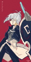 Rule 34 | 1girl, armor, bad id, bad twitter id, black jacket, breastplate, breasts, cello, cropped jacket, grey hair, highres, instrument, jacket, leather, leather jacket, medium breasts, melty blood, pile bunker, ponytail, riesbyfe stridberg, shield, short hair, short ponytail, solo, sost fgo, true apocrypha, tsukihime, turtleneck, weapon, white hair