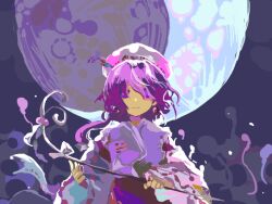 Rule 34 | 1girl, closed mouth, commentary request, detached sleeves, earrings, flat chest, full moon, hat, holding, japanese clothes, jewelry, kaigen 1025, kimono, long hair, looking at viewer, moon, moonlight&#039;s anti-soul (touhou), portrait of exotic girls, purple eyes, purple hair, red skirt, ribbon-trimmed sleeves, ribbon trim, skirt, smile, solo, touhou, white hat, white kimono, white sleeves, yin yang, yin yang earrings