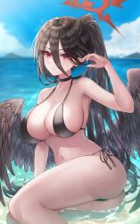 Rule 34 | 1girl, absurdres, alternate costume, bare arms, bare shoulders, bikini, black bikini, black choker, black hair, blue archive, breasts, choker, cleavage, closed mouth, collarbone, commentary request, day, hair between eyes, halo, hand up, hasumi (blue archive), highres, jinsoulsan, large breasts, long hair, looking at viewer, low wings, mole, mole under eye, navel, outdoors, ponytail, red eyes, red halo, swimsuit, thighs, water, wings