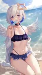 Rule 34 | 1girl, absurdres, alternate costume, amane kanata, angel wings, asymmetrical hair, beach, bikini, bikini skirt, black choker, blue bikini, blue hair, blue sky, blush, breasts, choker, cloud, cloudy sky, colored inner hair, commentary, day, feet out of frame, food, frilled bikini, frills, grey hair, halo, highres, holding, holding food, holding popsicle, hololive, jacket, looking at viewer, multi-strapped bikini, multicolored hair, navel, o-ring, o-ring choker, ocean, off shoulder, open clothes, open jacket, outdoors, pink hair, popsicle, purple eyes, short hair, single hair intake, sitting, skindentation, sky, small breasts, smallpine 7, smile, solo, star (symbol), star choker, stomach, string bikini, sun, sunlight, swimsuit, tongue, tongue out, virtual youtuber, white jacket, wings