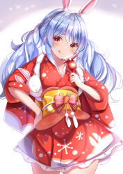 Rule 34 | 1girl, :q, animal ear fluff, animal ears, blue hair, blush, candy apple, commentary, cowboy shot, don-chan (usada pekora), food, hand on own hip, highres, holding, holding food, hololive, japanese clothes, kimono, long hair, long sleeves, looking at viewer, multicolored hair, obi, print kimono, rabbit-shaped pupils, rabbit ears, rabbit girl, red eyes, sash, short eyebrows, solo, standing, symbol-shaped pupils, thick eyebrows, tongue, tongue out, twintails, usada pekora, usada pekora (new year), virtual youtuber, white background, white hair, yellow sash, yuano