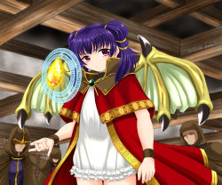 Rule 34 | 1girl, 3boys, bracelet, brick wall, brown capelet, brown cloak, capelet, ceiling, cloak, closed mouth, coat, cowboy shot, crystal, dragon girl, dragon wings, dragonstone, dress, faceless, faceless male, female focus, fighting stance, fire emblem, fire emblem: the sacred stones, fire emblem heroes, frilled dress, frills, gem, glaring, glowing, gold trim, green wings, hair tie, hand up, highres, indoors, jewelry, kone/idalee, long hair, looking back, magic circle, magician, multi-tied hair, multiple boys, myrrh (fire emblem), nintendo, open clothes, open coat, pale skin, purple hair, red capelet, red coat, red eyes, short dress, sideways glance, stone, thighs, twintails, white dress, wings, wizard, wristband, yellow wings