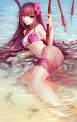 Rule 34 | 1girl, bikini, brown hair, derivative work, fate/grand order, fate (series), flower, hair flower, hair ornament, haohe buguo, hibiscus, highres, long hair, looking at viewer, parted lips, partially submerged, pink bikini, red eyes, sarong, scathach (fate), scathach (fate), scathach (swimsuit assassin) (fate), see-through, smile, solo, swimsuit, very long hair, water