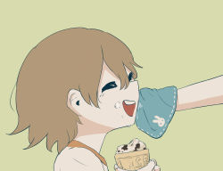 Rule 34 | 1boy, 1other, :d, absurdres, avogado6, blue background, brown hair, child, closed eyes, commentary request, food, food on face, from side, highres, holding, ice cream, open mouth, original, smile, towel, wiping face