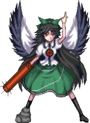 Rule 34 | 1girl, arm cannon, asymmetrical clothes, asymmetrical footwear, black hair, bow, cape, female focus, full body, hair bow, long hair, lowres, mismatched footwear, pixel art, pointing, red eyes, reiuji utsuho, solo, third eye, touhou, transparent background, unk kyouso, weapon, wings