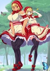 Rule 34 | 2girls, apron, arm hug, basket, black legwear, blonde hair, blue eyes, blush, bow, breasts, brown eyes, bug, butterfly, cosplay, dark-skinned female, dark skin, dress, dress tug, forest, garter straps, hood, huge breasts, insect, little red riding hood, little red riding hood (grimm), little red riding hood (grimm) (cosplay), long hair, master of epic, mikuru beam, multiple girls, muscular, nature, one eye closed, open mouth, outdoors, petticoat, red dress, ribbon, senzoc, shoes, side-by-side, smile, standing, thighhighs, wink