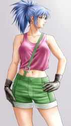 Rule 34 | 1girl, bare shoulders, black gloves, blue hair, breasts, closed mouth, collarbone, earrings, gloves, gradient background, green eyes, green shorts, grey background, hand on own hip, highres, jewelry, leona heidern, lips, long hair, looking away, medium breasts, midriff, navel, shorts, simple background, sleeveless, solo, stomach, tank top, the king of fighters, x chitch