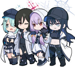 Rule 34 | 4girls, atsuko (blue archive), backpack, bag, baseball cap, black footwear, black gloves, black hair, black headwear, black hoodie, black pants, black shirt, blue archive, blue eyes, blue gloves, blue hair, boots, breasts, cabbie hat, chibi, closed mouth, collared shirt, commentary, commentary request, crop top, earrings, full body, gloves, groin, hair between eyes, hair over shoulder, halo, hand in pocket, hand up, hat, hiyori (blue archive), holding, hood, hood down, hood up, hooded jacket, hoodie, jacket, jewelry, long hair, long sleeves, looking at viewer, looking away, low twintails, medium breasts, midriff, misaki (blue archive), multicolored hair, multiple girls, navel, nyaru (nyaru 4126), off shoulder, one eye closed, open clothes, open jacket, open mouth, pants, parted lips, pleated skirt, ponytail, puffy long sleeves, puffy sleeves, purple hair, red eyes, saori (blue archive), shirt, shoes, skirt, sleeves past wrists, smile, socks, standing, stud earrings, sweat, torn clothes, torn pants, twintails, two-tone hair, v-shaped eyebrows, very long hair, walking, wavy mouth, white background, white jacket, white shirt, white skirt, white socks