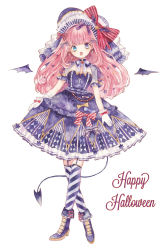 Rule 34 | 1girl, :o, bat hair ornament, bat wings, blue eyes, boots, bow, commentary request, cross, crossed legs, demon tail, fang, full body, garter straps, gloves, hair bow, hair ornament, halloween, happy halloween, headdress, heterochromia, highres, kneehighs, lace, lolita fashion, long hair, original, painting (medium), pink hair, purple eyes, short sleeves, simple background, socks, solo, star (symbol), striped bow, striped clothes, striped socks, tail, traditional media, uni (setsuna gumi39), watercolor (medium), white background, white gloves, wings
