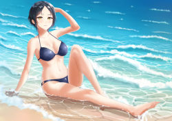 Rule 34 | 1girl, beach, bikini, black hair, blue bikini, breasts, cleavage, commentary request, day, hayami kanade, highres, idolmaster, idolmaster cinderella girls, looking at viewer, medium breasts, ocean, outdoors, parted bangs, shogun (a96040021), short hair, solo, swimsuit, water, waves, yellow eyes