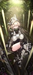 Rule 34 | 1girl, absurdres, arknights, armor, brown hair, closed eyes, fartooth (arknights), feather hair, forest, gauntlets, greaves, highres, long hair, nature, ribiadan, sitting, thighhighs, visor (armor), whistling