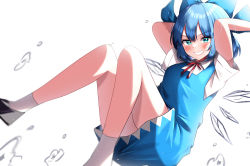 Rule 34 | 1girl, 380u0, absurdres, arms up, bare legs, blue dress, blue eyes, blue hair, cirno, dress, hair ornament, highres, ice, ice wings, shirt, short sleeves, smile, solo, teeth, touhou, white background, white shirt, wings