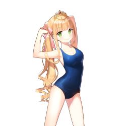 Rule 34 | 1girl, armpits, arms behind head, arms up, beads, blonde hair, blue one-piece swimsuit, blunt bangs, blush, breasts, closed mouth, collarbone, contrapposto, covered navel, cowboy shot, eyebrows, gem, green eyes, hair ribbon, happy, interlocked fingers, leaning to the side, legs apart, light smile, lina princella, long hair, looking at viewer, medium breasts, official art, old school swimsuit, one-piece swimsuit, own hands clasped, own hands together, pink ribbon, red gemstone, ribbon, rina princess, salt (salty), school swimsuit, side ponytail, sidelocks, skin tight, smile, solo, standing, stretching, swimsuit, taut clothes, tiara, transparent background, uchi no hime-sama ga ichiban kawaii, very long hair, wavy hair, white background
