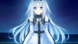 Rule 34 | 10s, 1girl, arusu maria, blue eyes, date a live, dress, game cg, hairband, light smile, long hair, long sleeves, looking at viewer, night, night sky, official art, official wallpaper, sky, solo, star (sky), starry sky, tsunako, wallpaper, white dress, white hair