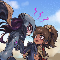 Rule 34 | 2girls, angry, ass, black bodysuit, black gloves, blue sky, blush, bodysuit, brown eyes, brown hair, clenched teeth, dark-skinned female, dark skin, detached wings, eye contact, gloves, grey bodysuit, hair ornament, hands up, helmet, kai&#039;sa, league of legends, long hair, long sleeves, looking at another, multiple girls, open mouth, outdoors, phantom ix row, ponytail, purple hair, shiny clothes, sky, sweat, taliyah, teeth, two-tone bodysuit, wings