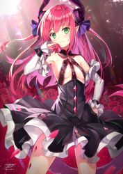 Rule 34 | 10s, 1girl, armpits, black dress, blush, breasts, claws, commentary request, curled horns, detached sleeves, dress, elizabeth bathory (fate), elizabeth bathory (fate/extra ccc), elizabeth bathory (first ascension) (fate), eyebrows, fate/extra, fate/extra ccc, fate (series), flower, frilled sleeves, frills, green eyes, hair ribbon, hand on own hip, highres, horns, layered dress, long hair, looking at viewer, petals, pink hair, pointy ears, red flower, red rose, ribbon, rin yuu, rose, rose petals, signature, small breasts, solo, tail, twitter username, underboob