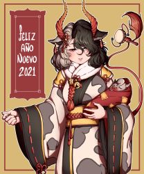 Rule 34 | 1girl, 2021, alternate costume, animal ears, animal print, arms up, bell, black hair, blush, brown background, chinese zodiac, commentary, cow ears, cow girl, cow horns, cow print, cow tail, cowboy shot, drum, ear piercing, english commentary, female focus, fur collar, grey hair, hair between eyes, hair ornament, happy new year, highres, holding, horns, instrument, japanese clothes, jingle bell, kimono, lips, long sleeves, looking at viewer, mefomefo, multicolored hair, neck bell, nengajou, new year, obi, pacifier, parted lips, piercing, print kimono, rattle drum, red eyes, ribbon-trimmed sleeves, ribbon trim, sash, short hair, simple background, solo, spanish text, split-color hair, standing, statue, tail, touhou, two-tone hair, ushizaki urumi, wide sleeves, year of the ox