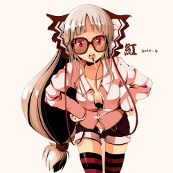 Rule 34 | 1girl, bespectacled, bow, cigarette, collarbone, dated, fujiwara no mokou, glasses, hair bow, highres, leaning forward, long hair, looking at viewer, open clothes, open mouth, open shirt, panties, red eyes, rokusai, shirt, shorts, simple background, solo, striped clothes, striped legwear, striped thighhighs, suspenders, thighhighs, touhou, underwear, very long hair, white hair, white panties, yae (mono110)