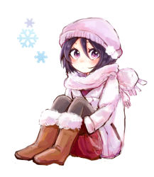 Rule 34 | 1girl, black hair, bleach, blush, boots, breasts, closed mouth, coat, facing viewer, full body, gloves, hair between eyes, hands under legs, hat, jacket, knees up, kuchiki rukia, lavender clothes, lavender coat, lavender hat, lavender scarf, long sleeves, looking at viewer, nuka (nukamochi), pantyhose, purple eyes, scarf, short hair, sitting, skirt, snowflakes, solo, winter, winter clothes, winter coat
