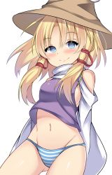 Rule 34 | 1girl, amashi (qcmrq906), arms behind back, bad id, bad pixiv id, blonde hair, blue eyes, blue panties, blush, breasts, brown hat, closed mouth, commentary request, cowboy shot, detached sleeves, gluteal fold, hair ribbon, hat, heart, heart-shaped pupils, highres, long hair, looking at viewer, medium breasts, moriya suwako, navel, panties, red ribbon, ribbon, sideboob, simple background, smile, solo, striped clothes, striped panties, symbol-shaped pupils, touhou, tress ribbon, turtleneck, underwear, vest, white background