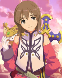 Rule 34 | 1girl, anise tatlin, anise tatlin (cosplay), annindoufu (oicon), bob cut, brown eyes, brown hair, company connection, cosplay, detached sleeves, gloves, hagiwara yukiho, idolmaster, idolmaster (classic), idolmaster cinderella girls, official art, scan, short hair, smile, solo, tales of (series), tales of the abyss, tokunaga (tales)