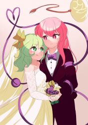 Rule 34 | 2girls, alternate costume, black jacket, black pants, bouquet, bow, bowtie, closed mouth, commentary request, dress, female focus, flower, formal, fub (fubimanji), gradient background, green eyes, green hair, hair ribbon, hata no kokoro, heart, heart of string, highres, holding, holding bouquet, jacket, komeiji koishi, long hair, long sleeves, looking at another, mask, matching hair/eyes, medium hair, multiple girls, pants, pink background, pink eyes, pink hair, purple bow, purple bowtie, ribbon, shirt, smile, strapless, strapless dress, third eye, touhou, tuxedo, wedding dress, white shirt, wife and wife, yellow ribbon, yuri