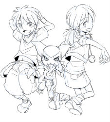 Rule 34 | 1boy, 1girl, ai (digimon), brother and sister, digimon, digimon tamers, impmon, makoto (digimon), monochrome, scarf, siblings