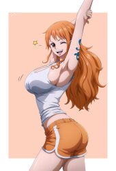 Rule 34 | 1girl, absurdres, arm tattoo, arms up, artist name, artist request, ass, breasts, brown eyes, commentary, fingernails, from side, highres, large breasts, long hair, looking at viewer, midriff peek, nami (one piece), one eye closed, one piece, open mouth, orange hair, orange shorts, pink background, shiny skin, shirt, shorts, sideboob, signature, sleeveless, sleeveless shirt, tattoo, teeth, thighs, upper teeth only, white shirt