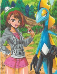 Rule 34 | 1girl, 2019, absurdres, artist name, blue skin, bob cut, bright pupils, brown eyes, brown hair, buttons, cardigan, closed mouth, collarbone, collared dress, colored skin, cowboy shot, creatures (company), day, dress, ears, forest, game freak, gen 8 pokemon, gloria (pokemon), grass, green headwear, grey cardigan, hand on own hip, hat, highres, holding, holding poke ball, hooded cardigan, inteleon, lizard tail, looking at viewer, multicolored skin, nature, neck, nintendo, open mouth, outdoors, pink dress, poke ball, pokemon, pokemon (creature), pokemon swsh, ravernclouk design, snout, standing, tail, thighs, tongue, traditional media, tree, white pupils, yellow eyes