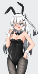 Rule 34 | 1girl, allial (coefont), animal ears, black bow, black bowtie, black hair, black leotard, black pantyhose, bow, bowtie, breasts, cleavage, closed eyes, coefont, detached collar, fishnet pantyhose, fishnets, gradient hair, grey background, grey eyes, hair ornament, hairclip, highres, index finger raised, kame low, leotard, long hair, looking at viewer, medium breasts, multicolored hair, one eye closed, pantyhose, playboy bunny, rabbit ears, solo, strapless, strapless leotard, white hair, wrist cuffs