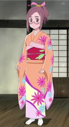 Rule 34 | 00s, 1girl, brown eyes, brown hair, female focus, full body, glasses, hair ornament, hairpin, highres, indoors, japanese clothes, kaidan restaurant, kimono, oozora ako, screencap, solo, stitched, third-party edit