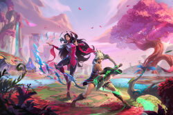 Rule 34 | 2girls, absurdres, bandaged arm, bandages, black hair, bodysuit, boots, breasts, broken, broken sword, broken weapon, cloud, fighting stance, floating, floating object, floating sword, floating weapon, folded ponytail, hair ornament, highres, holding, holding sword, holding weapon, irelia, league of legends, league of legends: wild rift, long hair, medium breasts, multiple girls, official art, outdoors, petals, qi mang (qimang), riven (league of legends), sky, sword, very long hair, weapon, white hair
