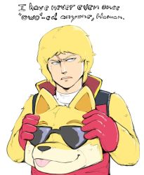 Rule 34 | 1boy, alternate costume, animal costume, blonde hair, blue eyes, commentary, english commentary, english text, frown, gloves, gundam, holding, jacket, male focus, military, military uniform, open mouth, quattro bajeena, red gloves, red jacket, scar, short hair, simple background, sleeveless, smile, solo, sunglasses, tongue, tongue out, turtleneck, uniform, upper body, white background, zeta gundam, zoro fab