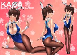 Rule 34 | 1girl, alternate costume, animal ears, areola slip, ass, black footwear, blue leotard, blue one-piece swimsuit, blush, breasts, brown eyes, brown hair, character name, cleavage, closed mouth, collarbone, covered navel, detached collar, fake animal ears, fake tail, floral background, hand on own chest, hand on own thigh, hand on thigh, highleg, highleg leotard, highres, kaga (kancolle), kantai collection, large breasts, leaning forward, leotard, looking at viewer, lying, multiple views, nontraditional playboy bunny, on side, one-piece swimsuit, pantyhose, pantyhose under swimsuit, pink background, playboy bunny, playboy bunny swimsuit, rabbit ears, rabbit tail, side ponytail, swimsuit, tail, wa (genryusui), wrist cuffs